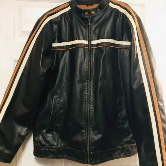 Men's Black Leather Jacket with Stripes - Picture 1 of 3